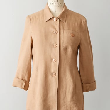 vintage linen shirt jacket, 90s tan shacket, XS / S 