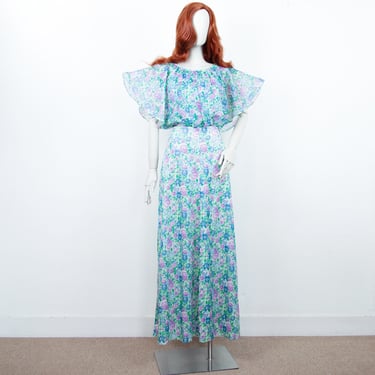 Vintage 70s Mint Green Blue Floral Maxi Boho Dress Butterfly Sleeves Size S UK 10 