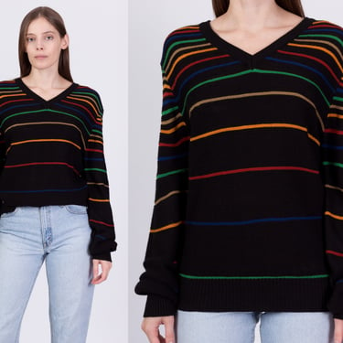 80s Black Rainbow Striped Sweater - Men's Medium | Vintage Slouchy V Neck Gradient Pullover Jumper 