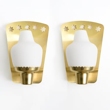 Hans Bergstrom brass sconces opaline shades, Ateljé Lyktan, Sweden