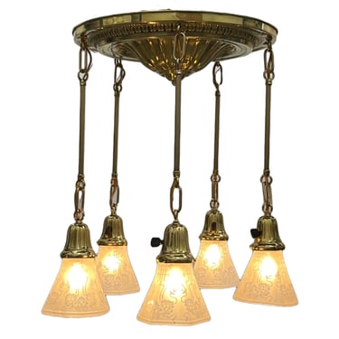 Polished brass pan 5 light with acid etched shades #2525 