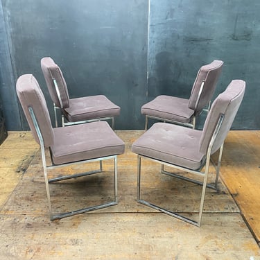 1970s Mid-Century Vintage Upholstered Milo Baughman Style Dining Chairs Gray Ultra Suede Buttons/Tufted Set of 4 