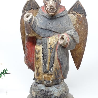 Antique 1800's  Santos Saint Vincent Ferrer with Wings, Vintage Hand Carved Bulto, Angel Statue, Religious Church Folk Art 