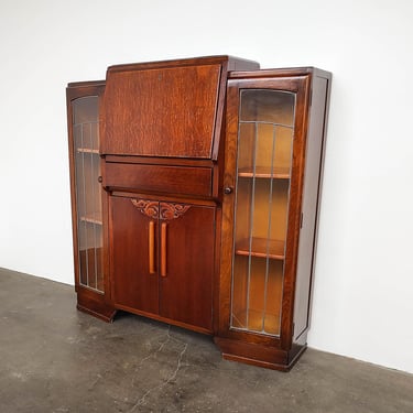 1940s Tiger Oak Art Deco Display Cabinet with Desk 