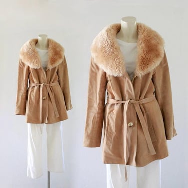 1970's suede + shearling coat - vintage 60s 70s tan womens leather brown honey fur sheep lambs collar boho bohemian hippie 