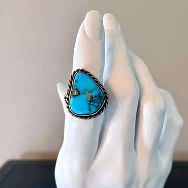 Vintage Native American Turquoise and Sterling Silver Ring, Split Shank, Pyrite Matrix - Morenci mine, 1970's, Twisted Bezel, Size 8 