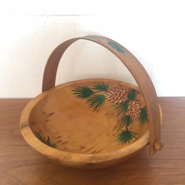 Vintage 1960s Hand Carved Maple Bowl Basket with Hand Painted Pine Tree or Pine Cone Design by RobinHood-Ware 