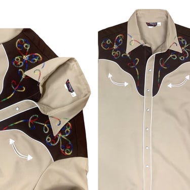 Vtg Vintage 1970s 70s Rainbow Stitch Tan Pearl Snap Western Button Down Shirt 