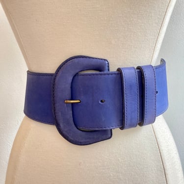 Vintage 80’s WIDE Leather Periwinkle BLUE Belt / Linda Allard for Ellen Tracey 
