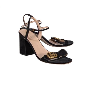 Gucci - Black Suede Logo Strap Block Heel Sandals Sz 9
