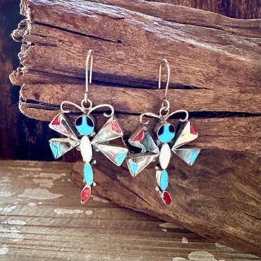 ZUNI DRAGONFLY Silver Earrings | Turquoise Jet Coral Mother of Pearl Abalone | Native American Jewelry | Southwestern 