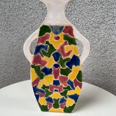 Vintage studio pottery art funky clay flat bud vase with abstract painting on front Sz 10.5” x 6” x 2” 
