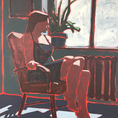 Woman at Window #9 - Original Acrylic Painting on Canvas 36 x 48 large dress, fine art, interior, michael van, statement, chair 