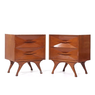 Albert Parvin Style Roma Mid Century Sculpted Walnut Nightstands - Pair - mcm 