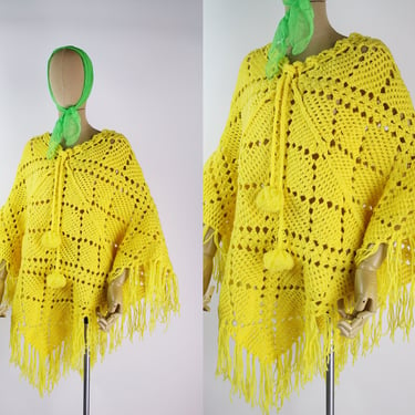 70s Vintage Mod Yellow Crocheted Bohemian Poncho/ Wrap / Shawl/ Ruana/ Cape / 1970s / Boho / One Size 