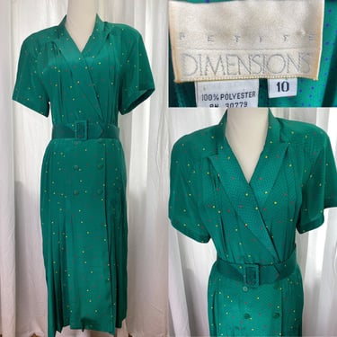 Vintage Secretary Rockabilly Polyester Dress by Petite Dimensions | Green Polka Dot Dress w/Matching Belt Button Front | Sz 10 Vintage Dress 