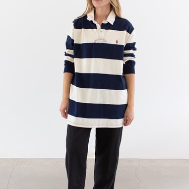 Vintage Navy Cream Stripe Rugby Shirt | Unisex Polo Ralph Lauren Athletic Henley Thermal | Thick Cotton | M L 