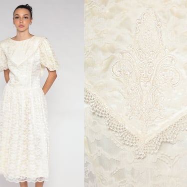 Off White Lace Dress 80s Midi Elopement Floral Embroidered Wedding Dress Low Back Puff Sleeve Hippie Bohemian Bridal Vintage 1980s Medium M 
