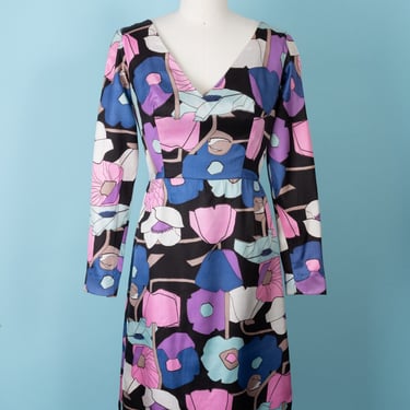 Gorgeous 1960s Bold Floral Print Silk Dress with Wide V Neckline 