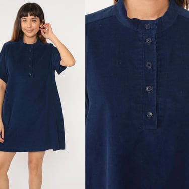 Vintage 80s Navy Blue Corduroy Dress Cuffed Short Sleeve Button Up Mini Dress A-Line Shift Shirtdress Mandarin Collar High Neck Large L 