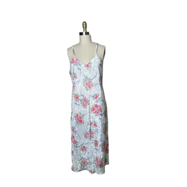 Vintage Jo Intimates Women’s White Pink Floral Long Nightgown V-Neck Spaghetti Straps size medium 