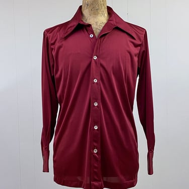 Vintage 1970s Maroon Disco Shirt, 70s Long Sleeve Slinky Qiana Dress Shirt, Giorgio Beverly Hills, Large 44
