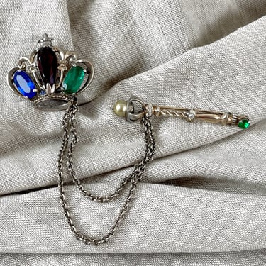 Sterling crown and chained scepter brooches - 1950s vintage 