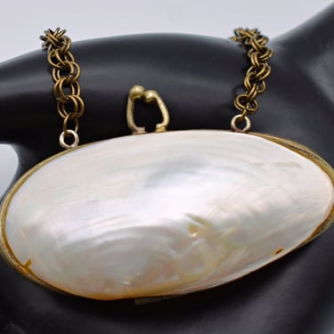 1900's Victorian seashell & brass coin purse, antique oval capiz shell chatelaine change pouch 
