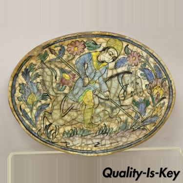 Antique Persian Iznik Qajar Style Ceramic Pottery Blue Oval Horse Rider Tile C3