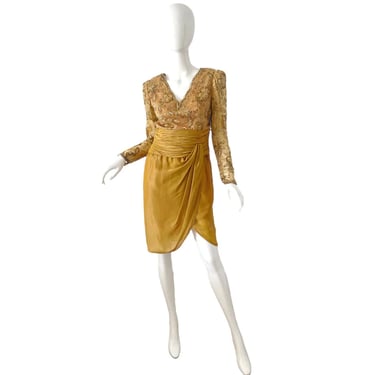 70s Victoria Royal Sequin Dress / Vintage Metallic Gold Lame Silk Dress / 1970s Sequin Beaded Couture Disco Wrap Dress Small 