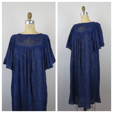 Vintage 1970s cotton gauze goddess dress, crinkle, metallic thread, embroidered, boho, caftan 