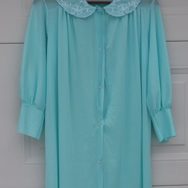 Vintage 1960s Aquamarine Blue Robe Nylon Peignoir Embroidered Collar 