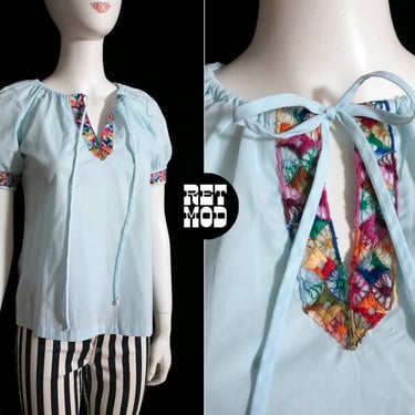 Groovy Vintage 60s 70s Pastel Blue Peasant Boho Blouse with Rainbow Embroidery 