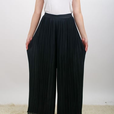 1990s Pleated Chiffon Black Wide Leg Trousers