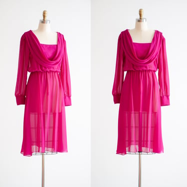 hot pink midi dress 80s vintage magenta sheer chiffon cowl neck long sleeve dress 