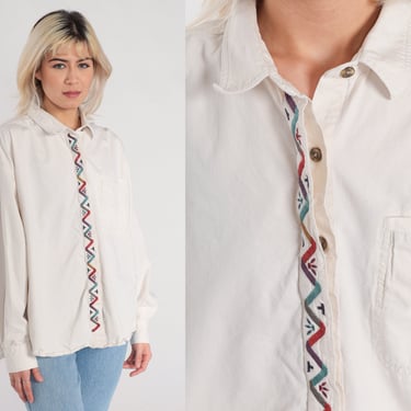 White Embroidered Top 90s Button Up Blouse Long Sleeve Shirt Abstract Zig Zag Trim Collared Boho Retro Cotton Vintage 1990s Extra Large xl 