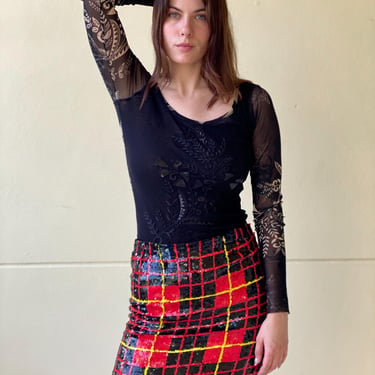 Sequin Mini Skirt / Vintage Sandy Starkman Plaid Printed Hourglass Sequins Skirt / Short Date Night Skirt / Holiday Party Christmas Gift 