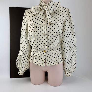 1940s Polka Dot Blouse - Pussy-Bow Tie - Puffy Sleeves - All Silk with Sheer Cotton Lining - Cloth Covered Buttons - Women's Size Medium 