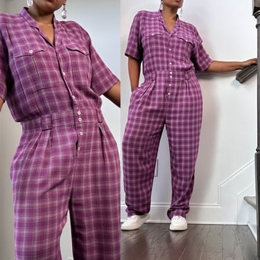 90s Purple and White Plaid Jumpsuit | Size 10 Large Extra Large 
