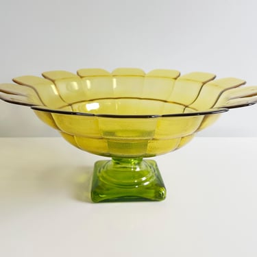 Giant Yellow Daisy Footed Pedestal Bowl Centerpiece Green Floral Vessel Vintage 