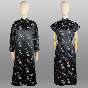 1960s Cheongsam & Coat / 1960s Floral Brocade Dress and Coat / 1960s Dress Set / Black Brocade Evening Coat / Size Small Size Medium 