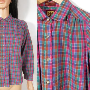 Vintage 80s Lee Jewel Tone Plaid Blouse Size Youth 14 Or Womens XS 