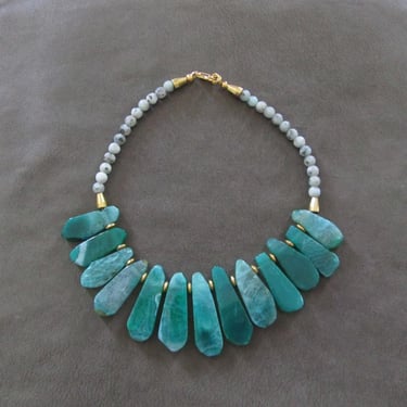 Green agate slab stone statement necklace 