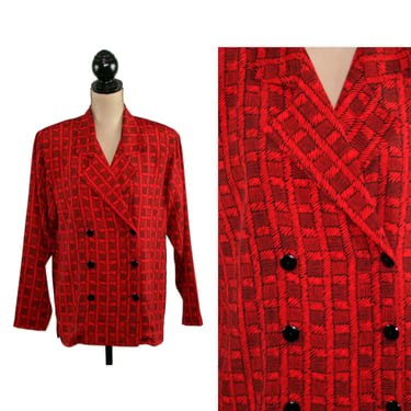 80s Shoulder Pad Blazer, Double Breasted Jacket, Lightweight Polyester Red Plaid, 1980s Clothes for Women Vintage LIZ CLAIBORNE Medium Large 