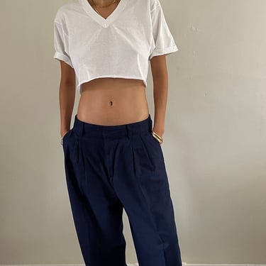 90s linen pleated wide leg pants / vintage navy blue linen high waisted pleated tall baggy slouchy capsule wardrobe trousers pants | Large 