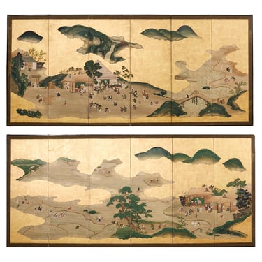 Pair of Japanese Meiji Screens Country Village Landscape