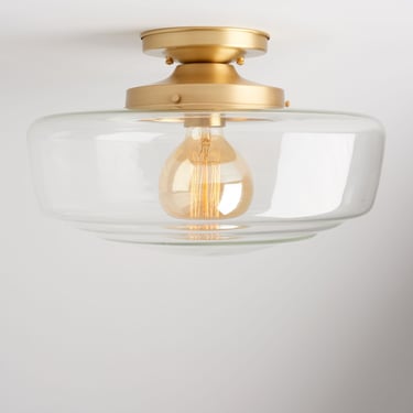 Hand blown Clear glass - Mid Century modern lighting - Large Flush mount ceiling light 14 inches 