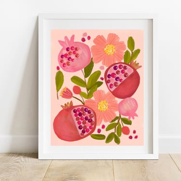 Pomegranates With Florals 8 X 10 Art Print/ Fruit Nursery Illustration/ Pomegranate Seeds and Blossoms Kitchen Wall Art/ Still Life Wall Art 
