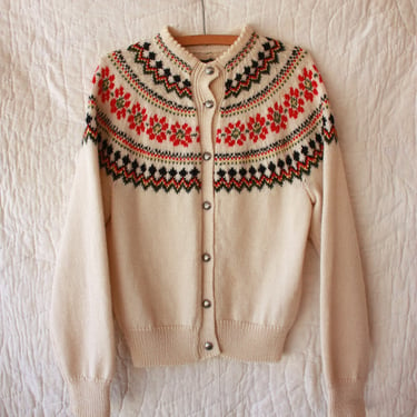 Vintage 1950s Style Fair Isle Cardigan White Red Size S / M 
