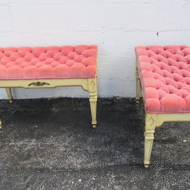 French Painted Vanity Benches Ottoman Foot Stools Tufted Upholstery a Pair 3425